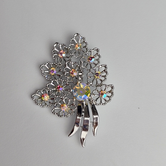 Vintage Jewelry - Vintage Costume Silver Tone Aurora Borealis Rhinestone Bridal Brooch